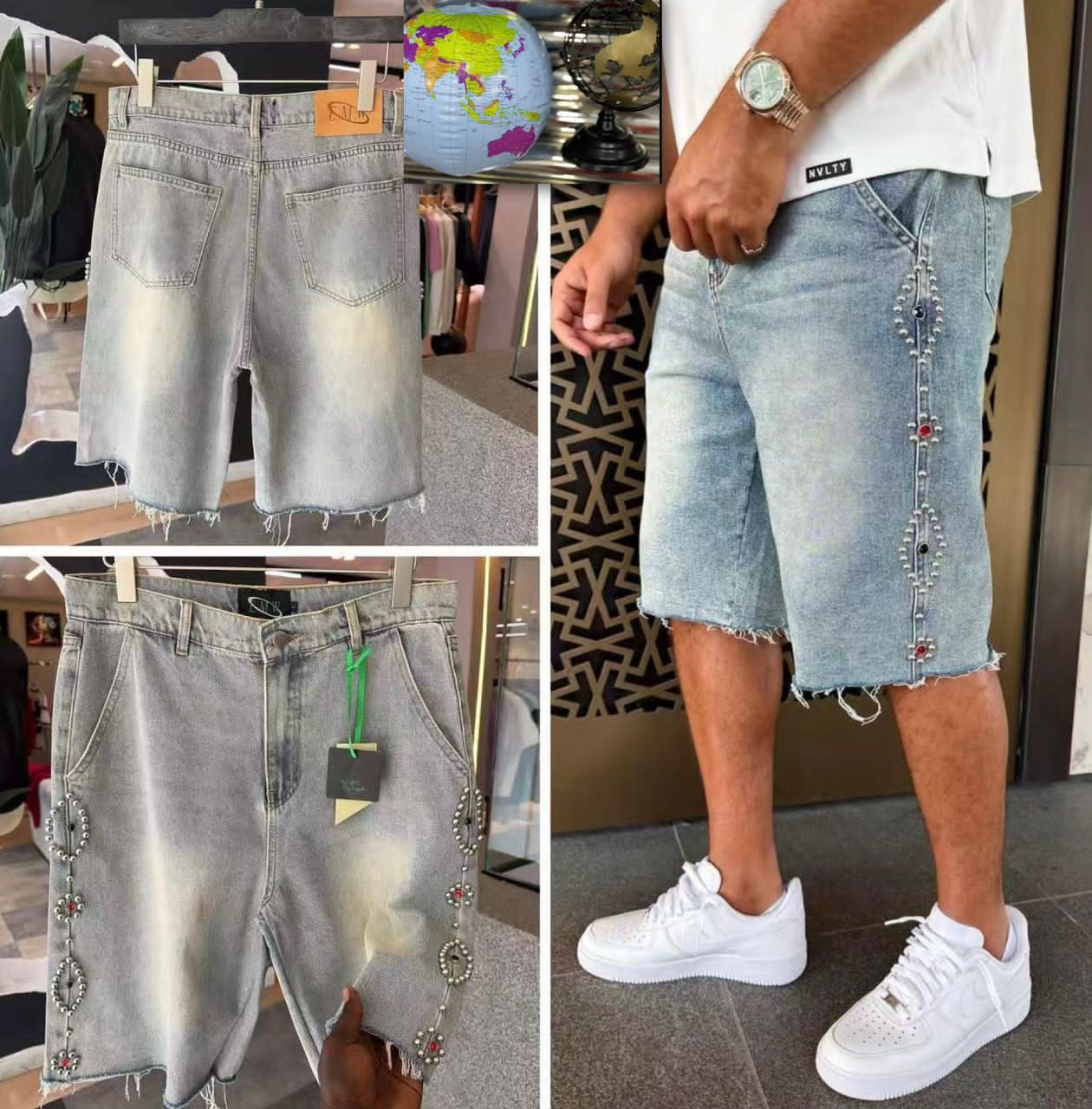 Gem Embellished Denim Shorts - (Light Blue/Light Grey)