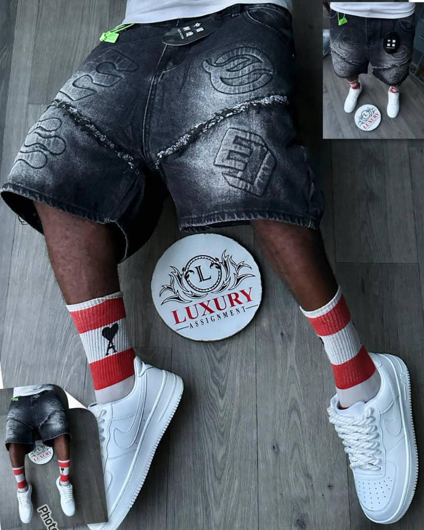 Embossed Dark-Wash Denim Shorts