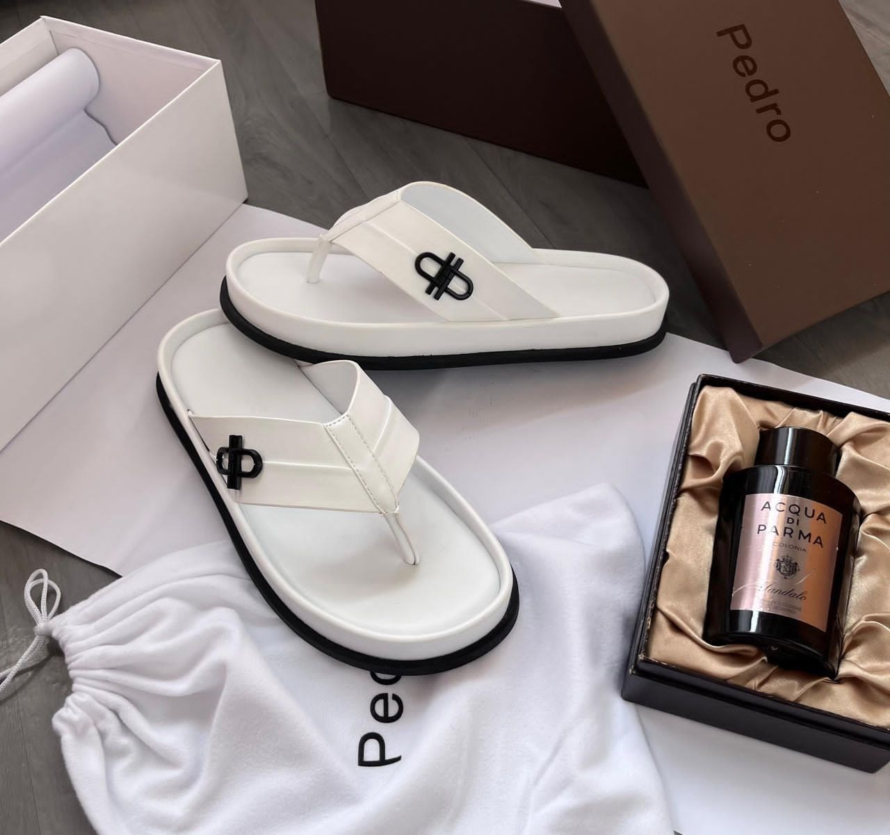 White Perdro Y-Strap Slides