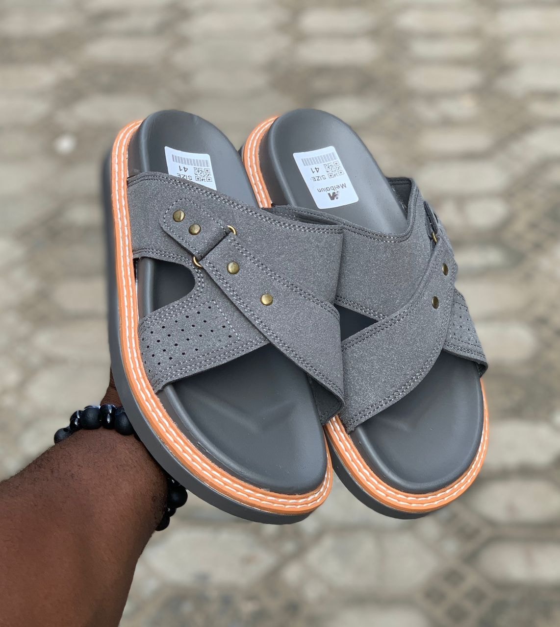 Grey Artisan Contrast-Stitch Slide