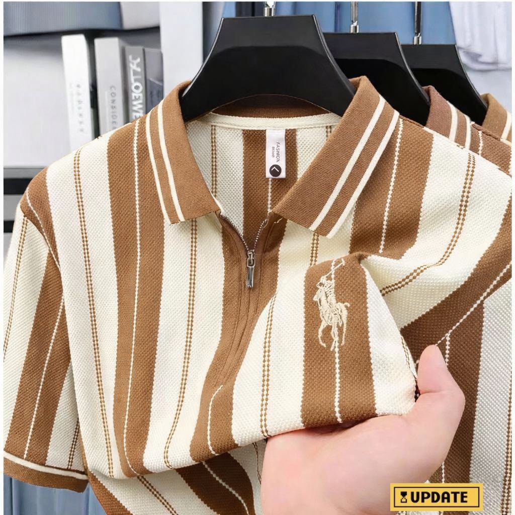 Stripe Quarter-Zip Polo (Brown)