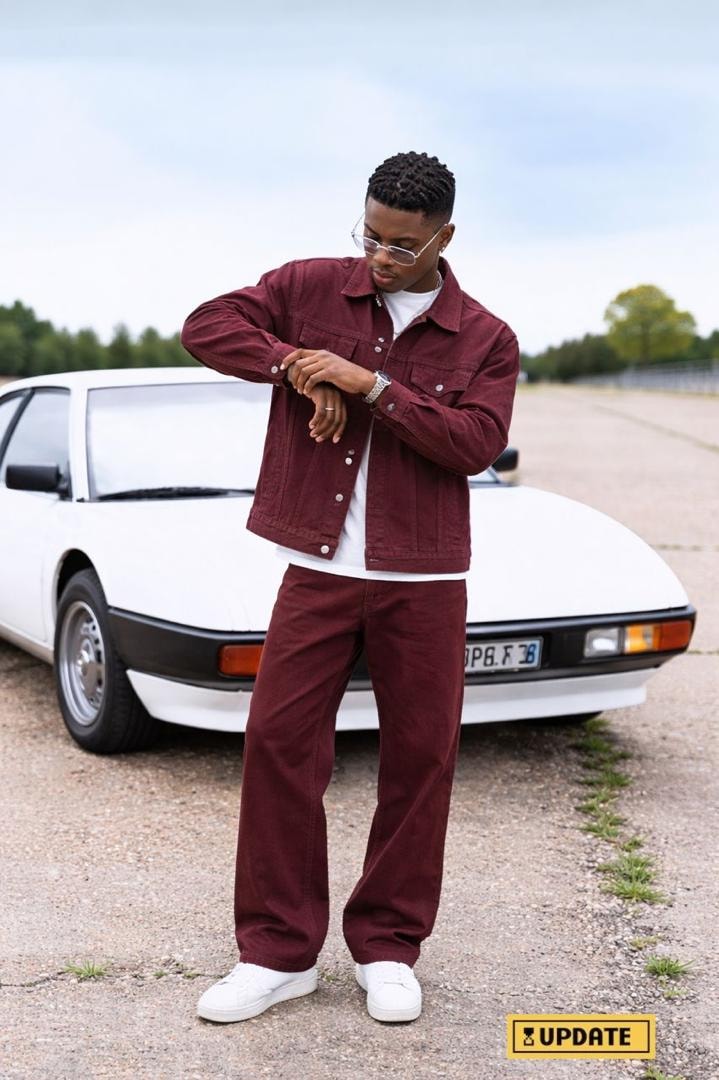 Crimson Drift Denim Trucker Set