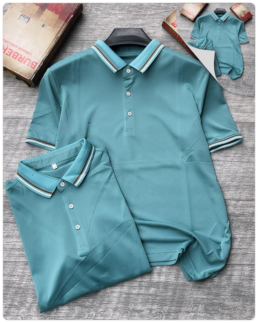 Navy-Tipped Collar Cotton Polo Shirt - Teal