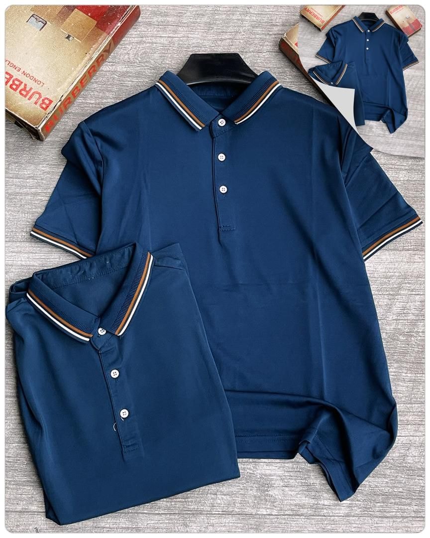Navy-Tipped Collar cottonPolo Shirt- Azure