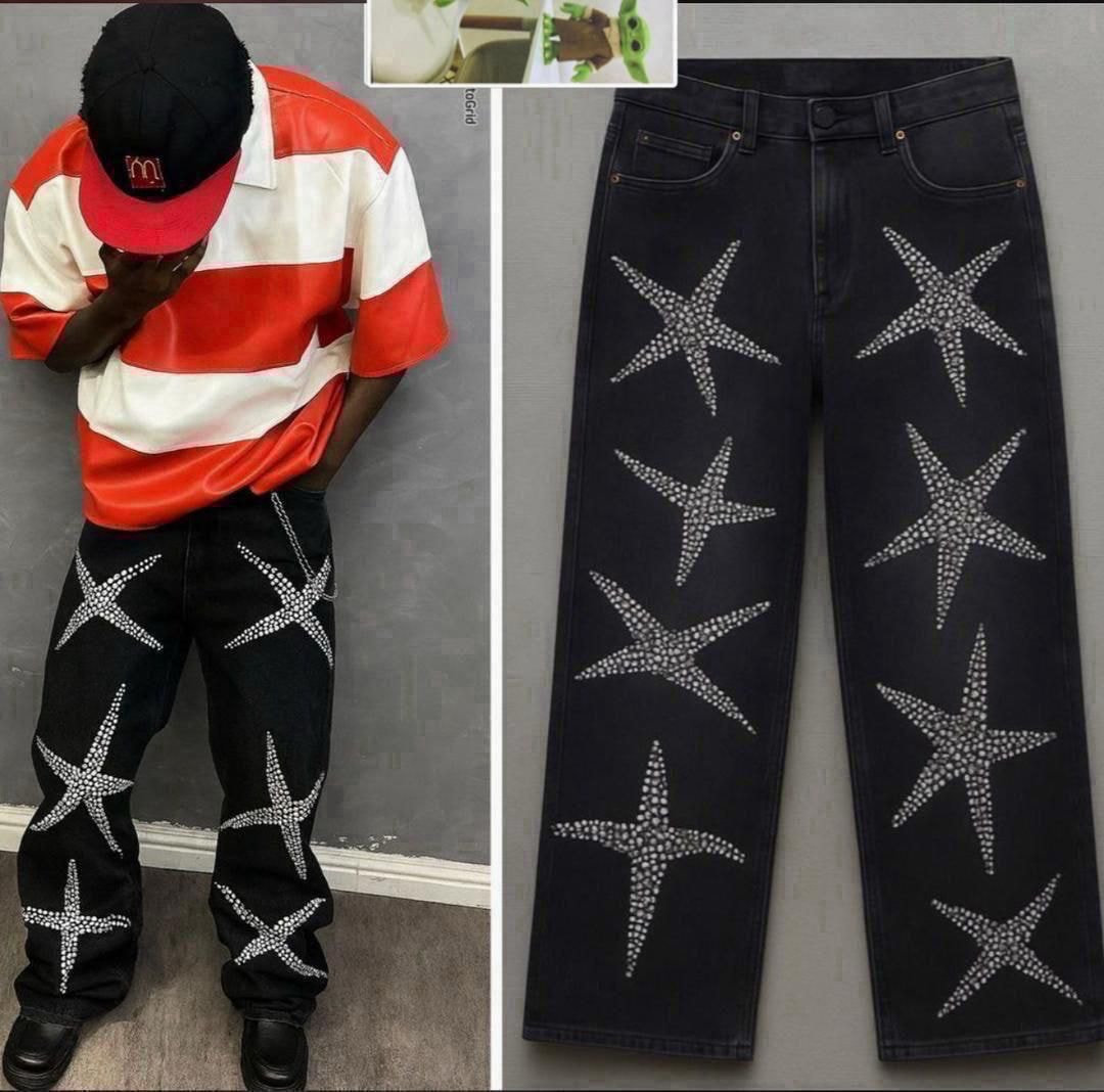 Star Embellished Baggy Denim Pants