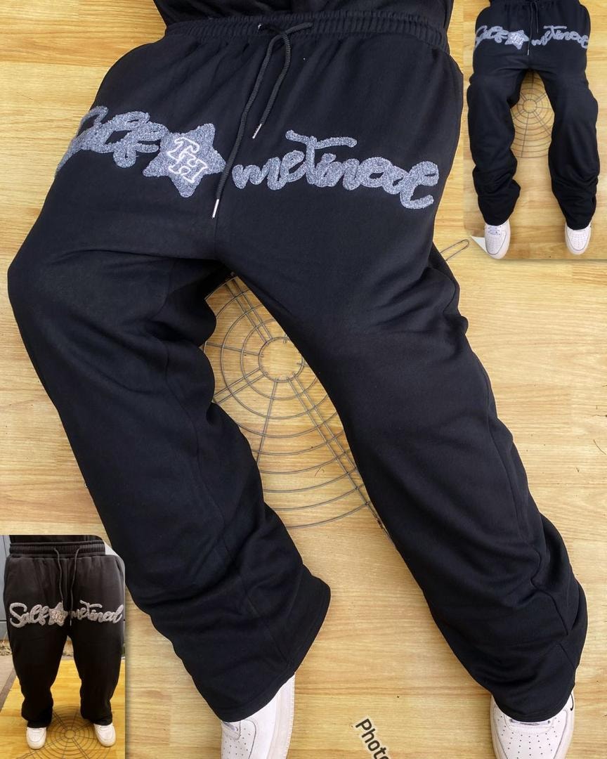 Chenille Script Statement Sweats - Black
