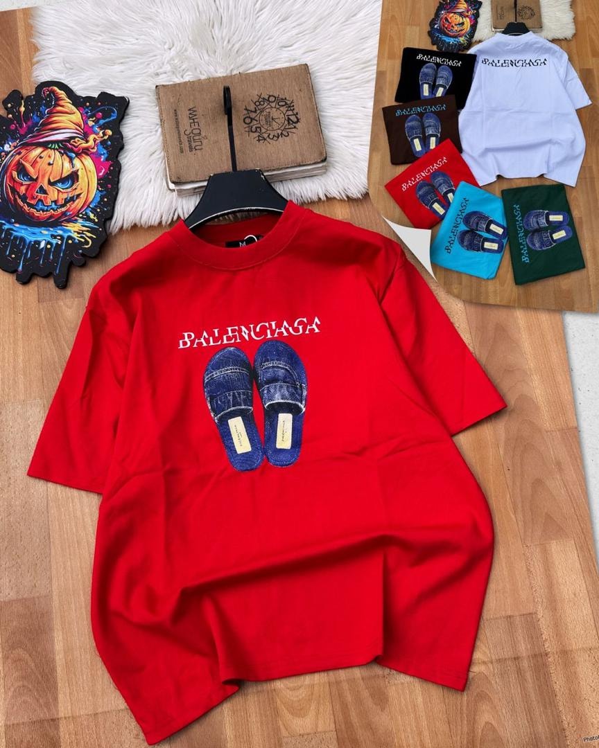 Red Balenciaga slipper graphic t-shirt laid flat.