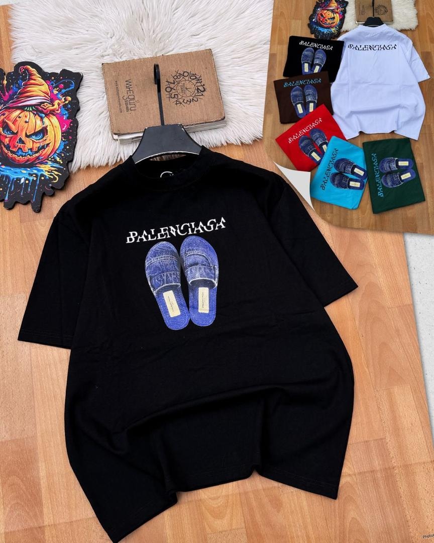 Black Balenciaga slipper graphic t-shirt displayed on hanger.