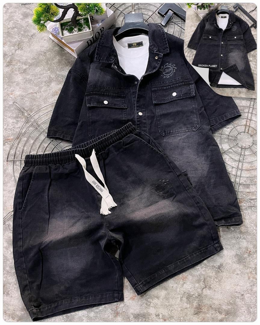 Black denim two-piece set with pockets, embroidery and inner white tee displayed with inset image.