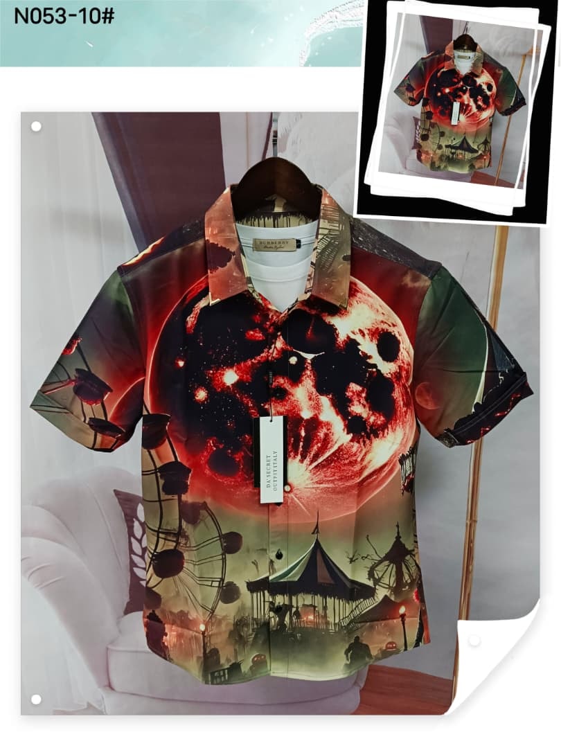 Colorful red moon and carnival print short sleeve shirt displayed on hanger with inset photo.
