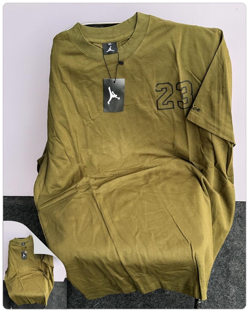 Olive Jordan 23 round neck t-shirt with large 23 graphic and Jumpman tag.