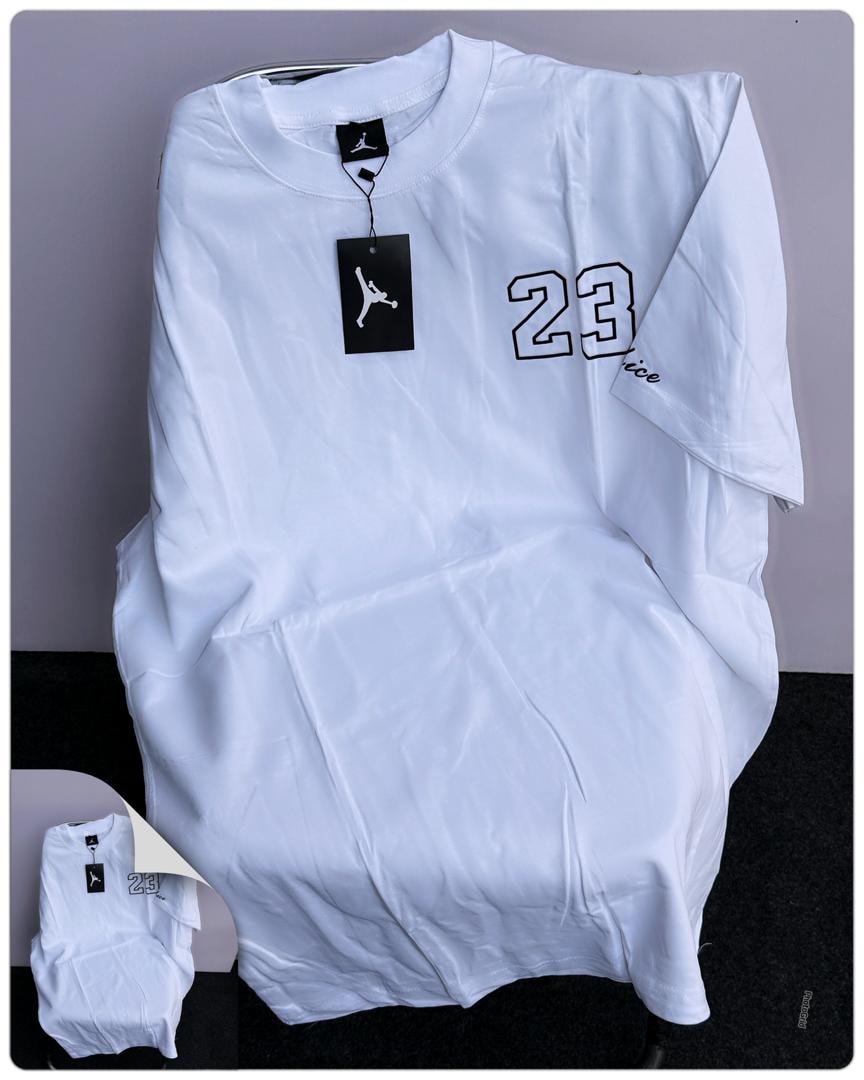 White Jordan 23 round neck t-shirt with large 23 graphic and Jumpman tag.