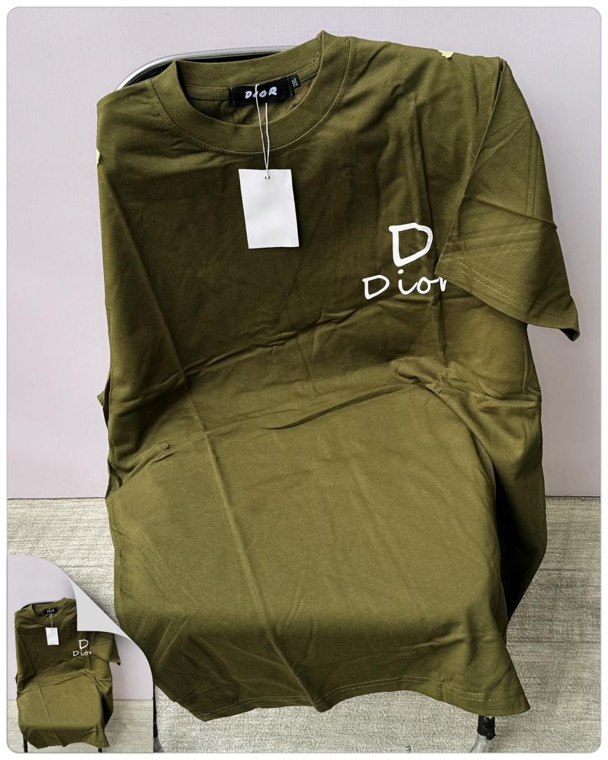 Olive green Dior round neck t-shirt displayed flat with prominent white chest logo and white tag.