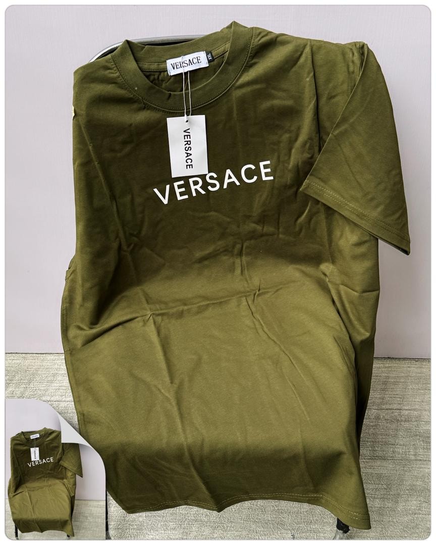 Olive round neck t-shirt with white VERSACE text print on chest.