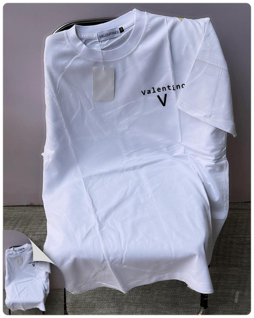 White round neck t-shirt with black Valentino logo and V on chest.