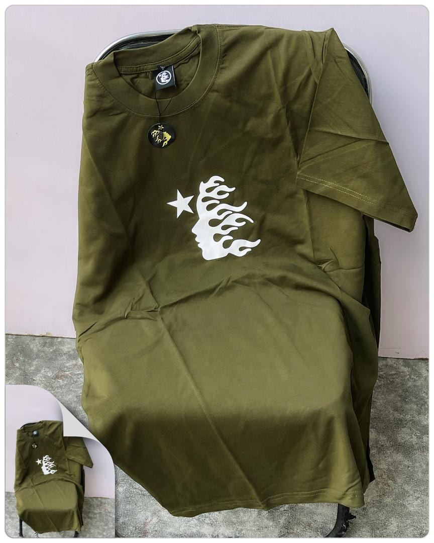 Olive round neck t-shirt with white star and flame silhouette graphic on chest.