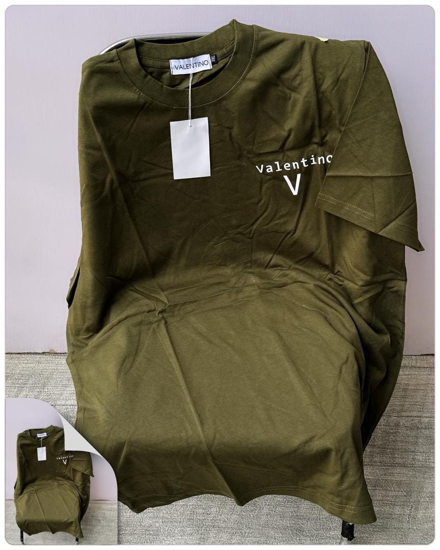 Olive round neck t-shirt with white Valentino logo and V on chest.