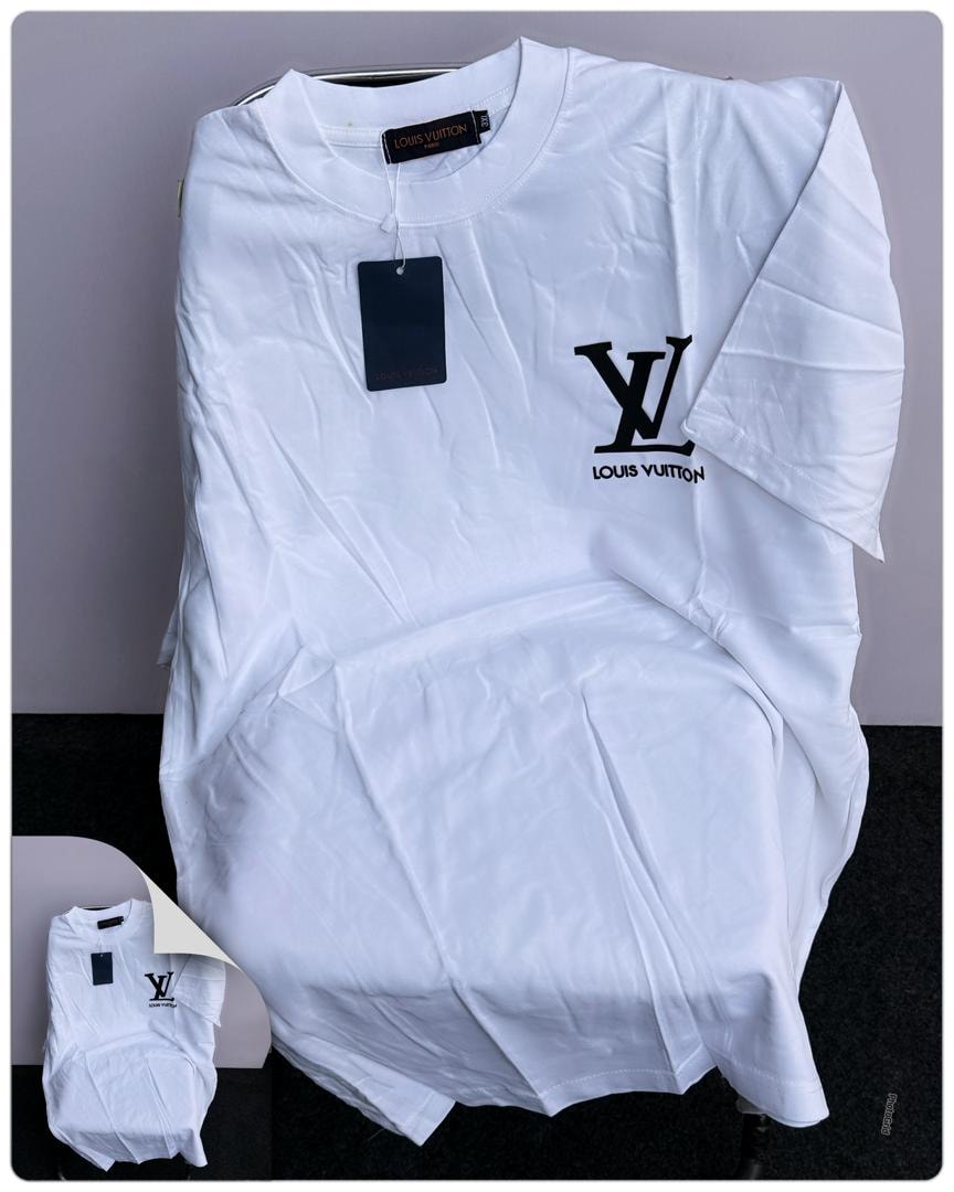 White round neck t-shirt with black Louis Vuitton LV logo on chest.