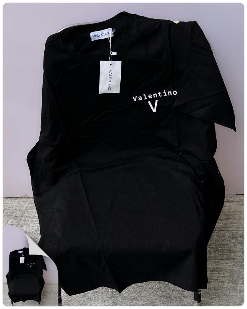 Black round neck t-shirt with white Valentino logo and V on chest.