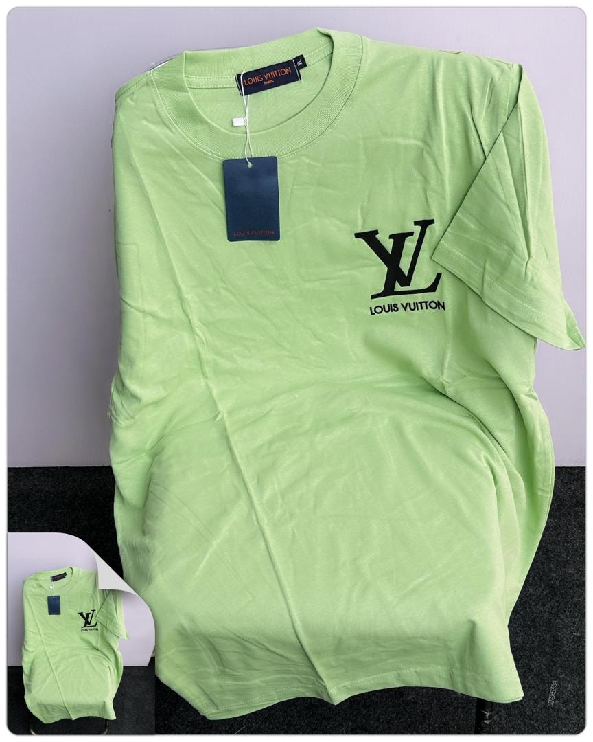 Lime round neck t-shirt with black Louis Vuitton LV logo on chest.