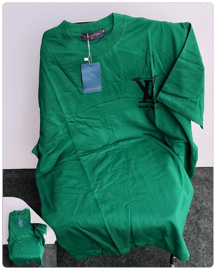 Green round neck t-shirt with black Louis Vuitton LV logo on chest.