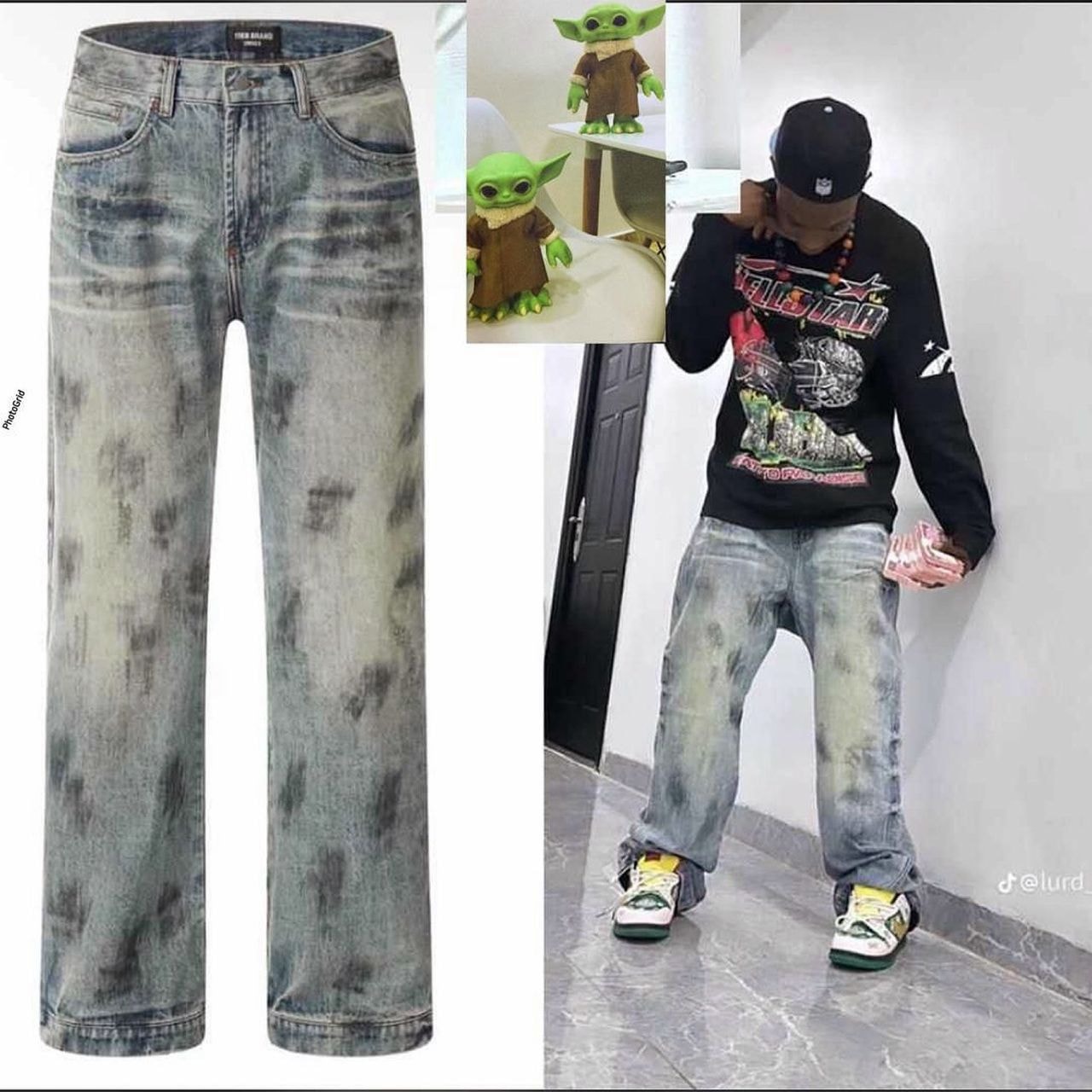 Acid wash bleached baggy jeans flat lay and model wearing them with graphic sweatshirt and sneakers.