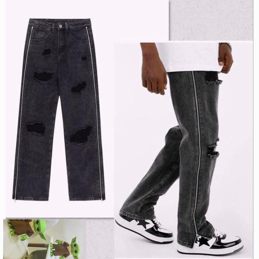 Dark gray ripped baggy jeans with multiple holes and side zippers, flat lay and model view.