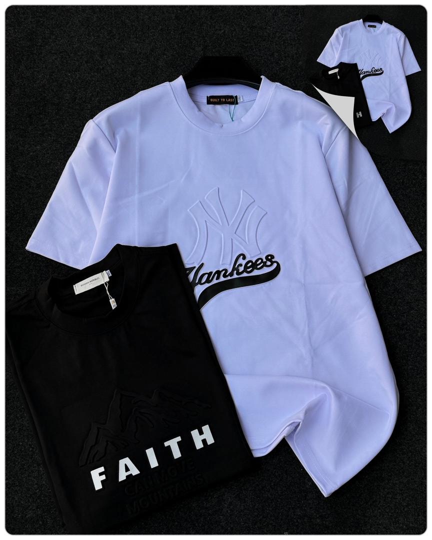 White Yankees embossed NY logo t-shirt with script lettering.