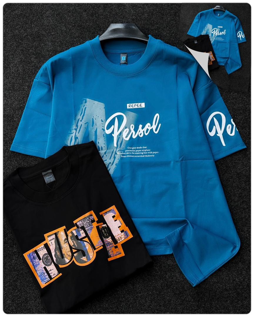Blue Persol printed t-shirt with white script lettering and abstract graphics.