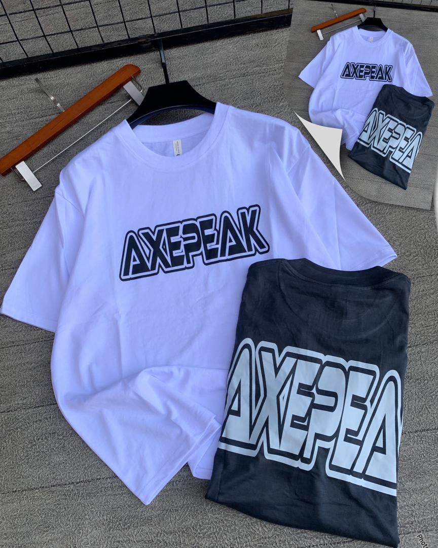 White and black AXEPEAK logo t-shirts laid flat showing front graphics.