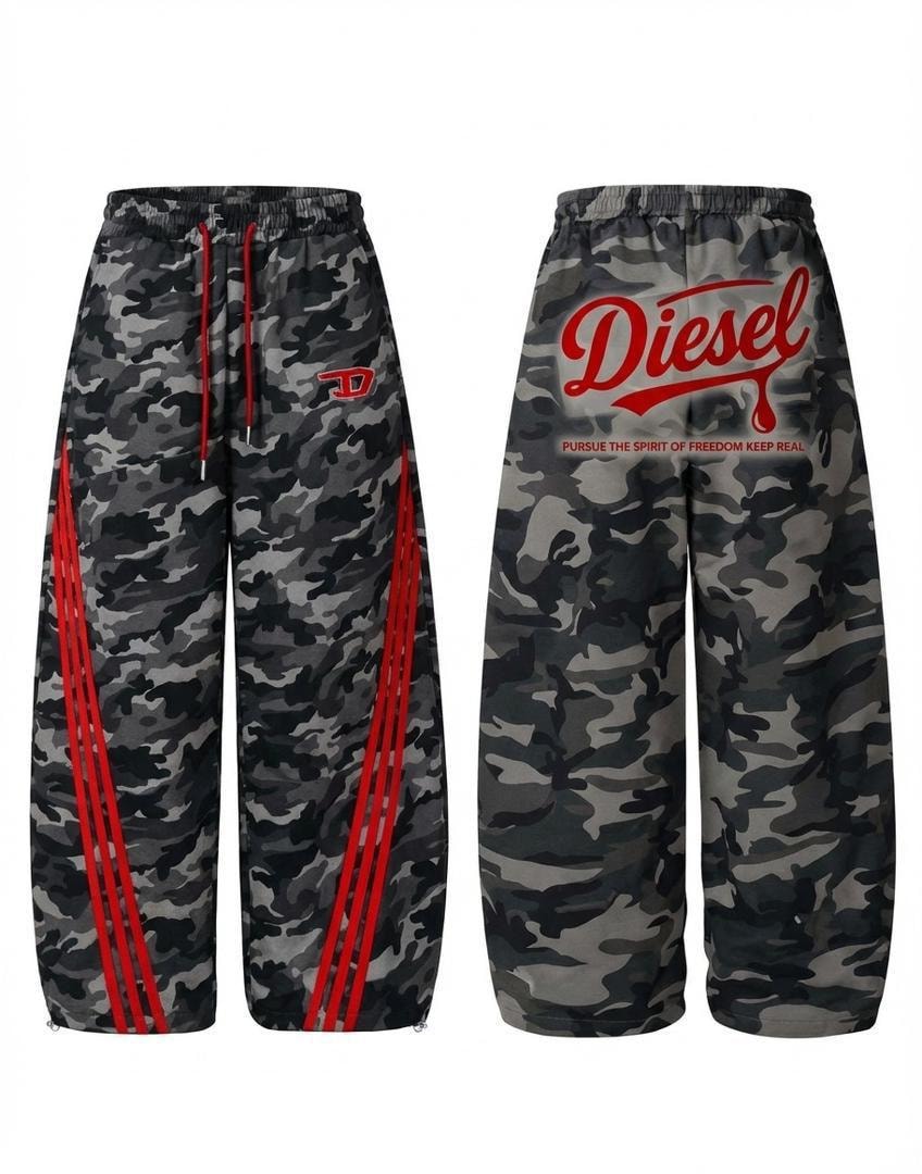 Diesel camouflage joggers in gray camo with red side stripes, front and back views.