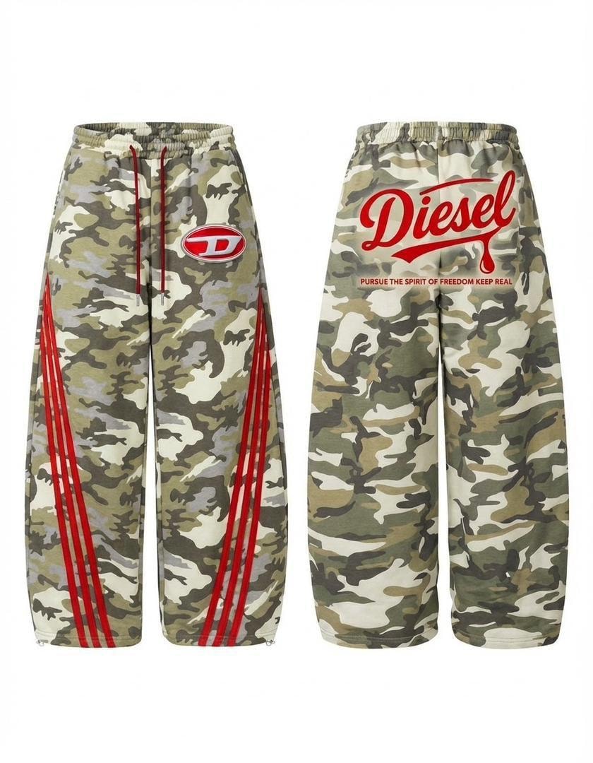 Diesel camouflage joggers in olive green camo with red side stripes, front and back views.