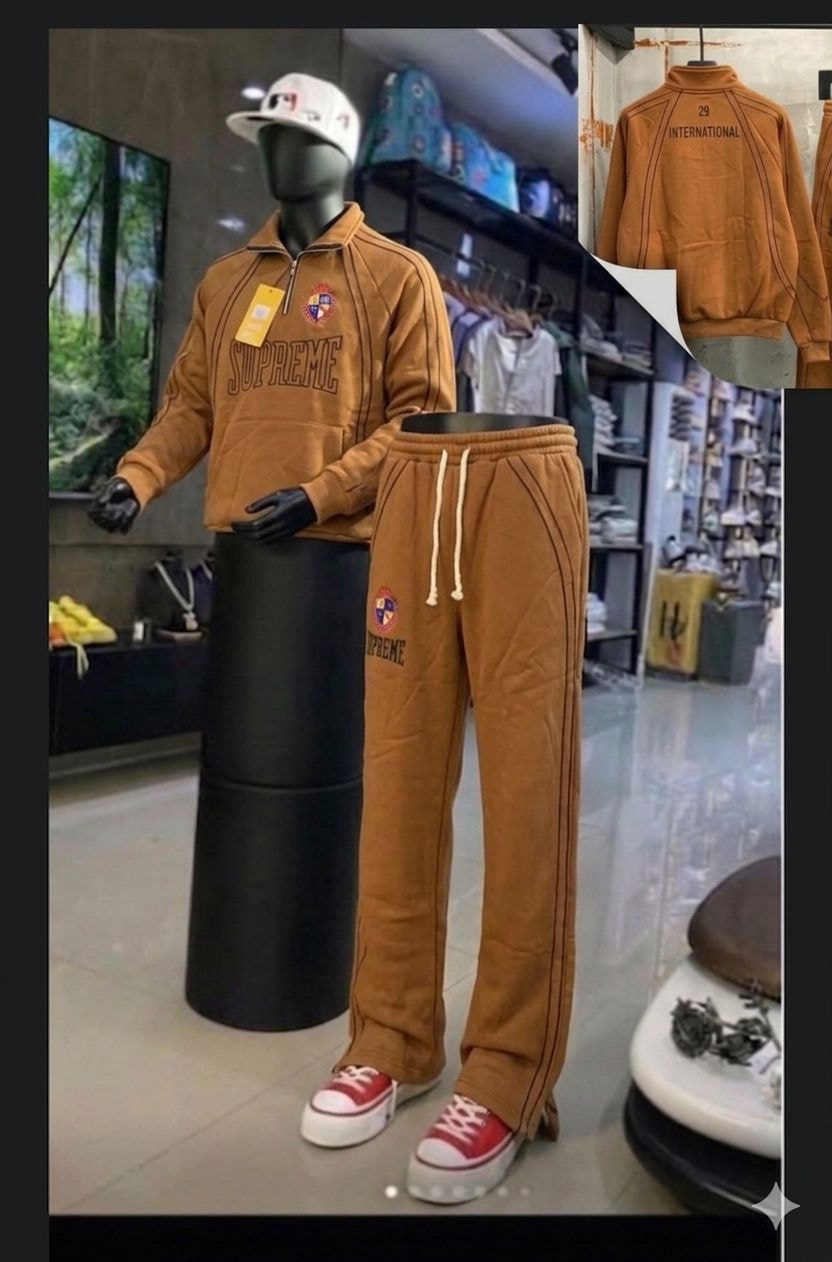 Brown Supreme tracksuit set on mannequin with flat lay details.