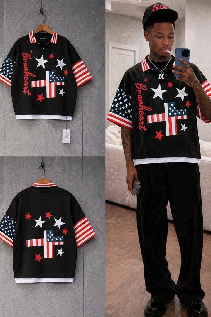 Black Braveheart graphic polo shirt in front, back and model views.