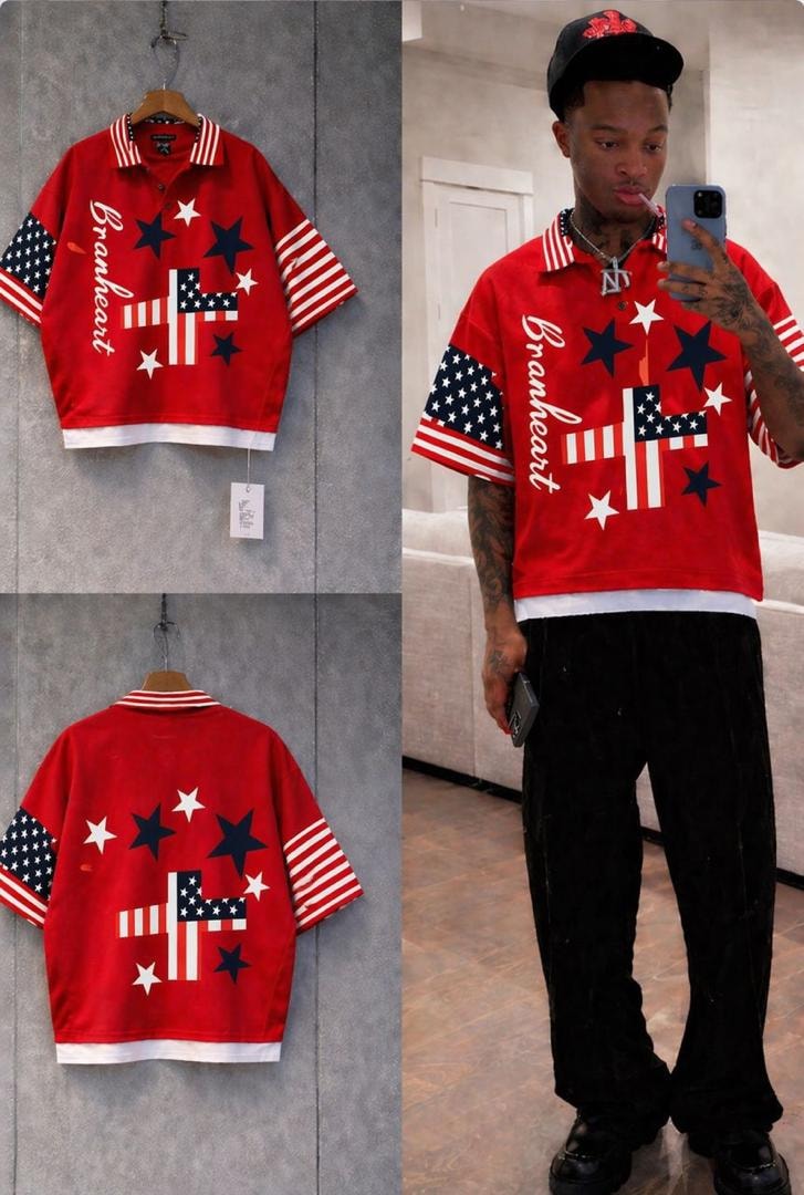 Red Braveheart graphic polo shirt in front, back and model views.