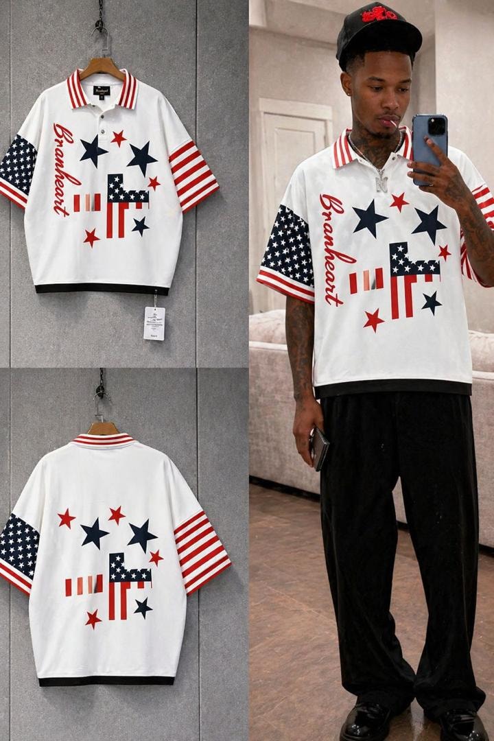 White Braveheart graphic polo shirt in front, back and model views.