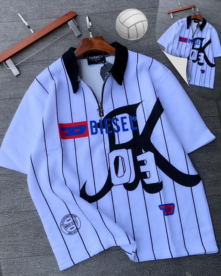 White striped Diesel graphic polo shirt flat lay view.