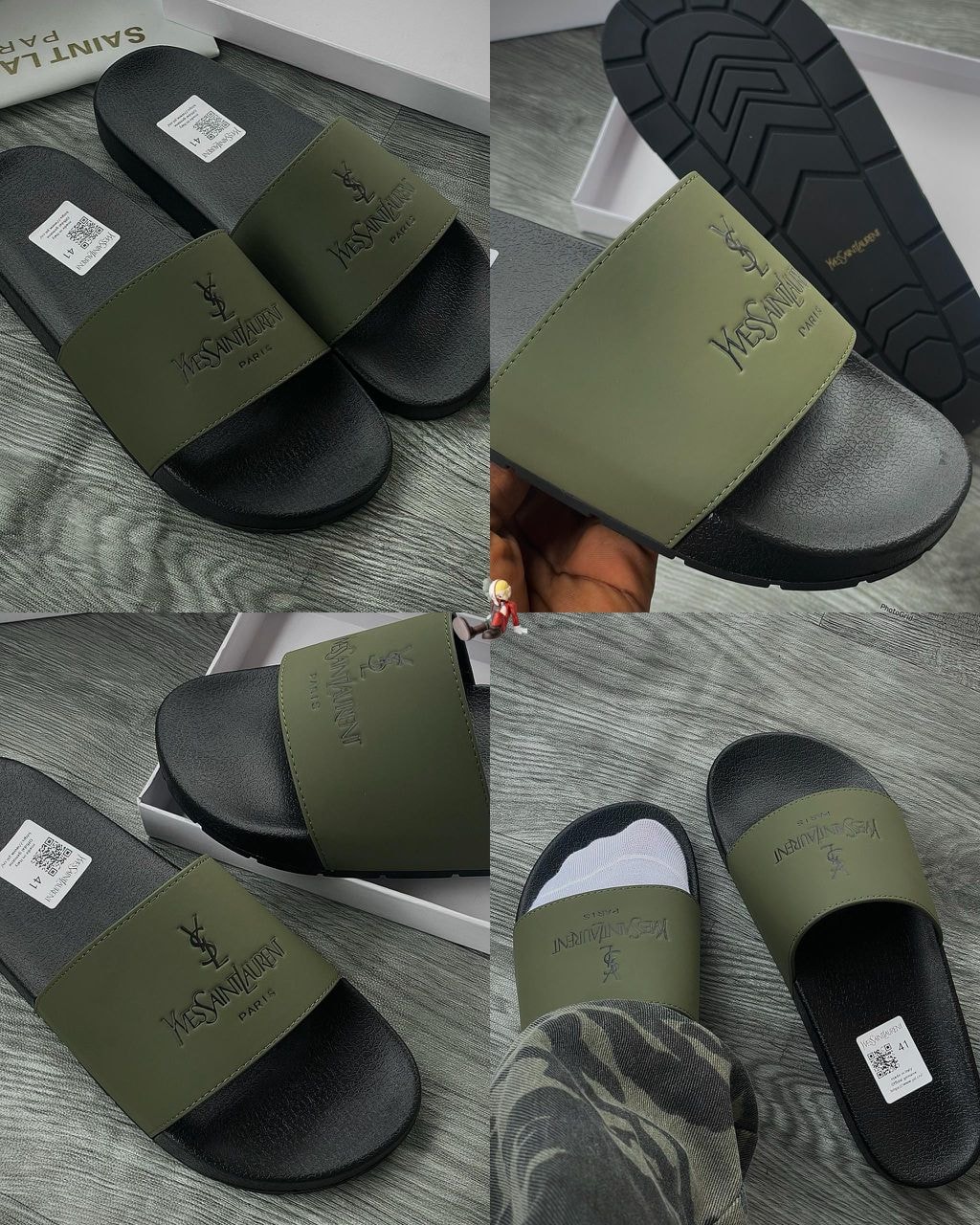 Collage of olive green YSL slides showing multiple angles, box, and sole details.