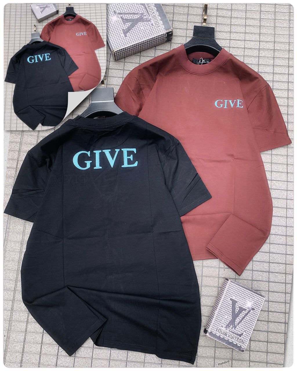 Black and brown Give printed round neck t-shirts.
