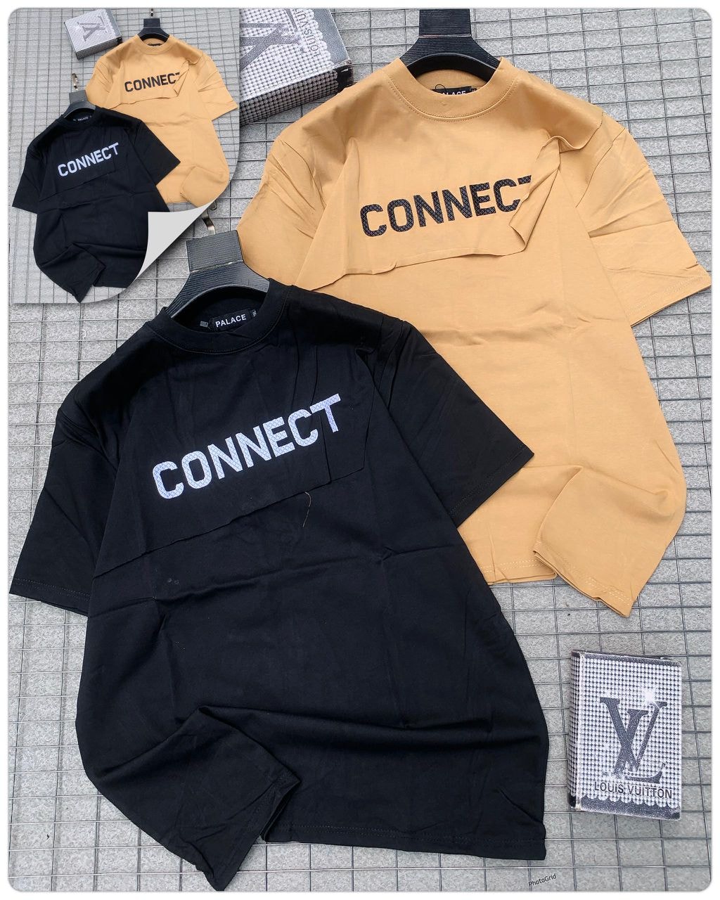 Black and yellow Connect printed round neck t-shirts.