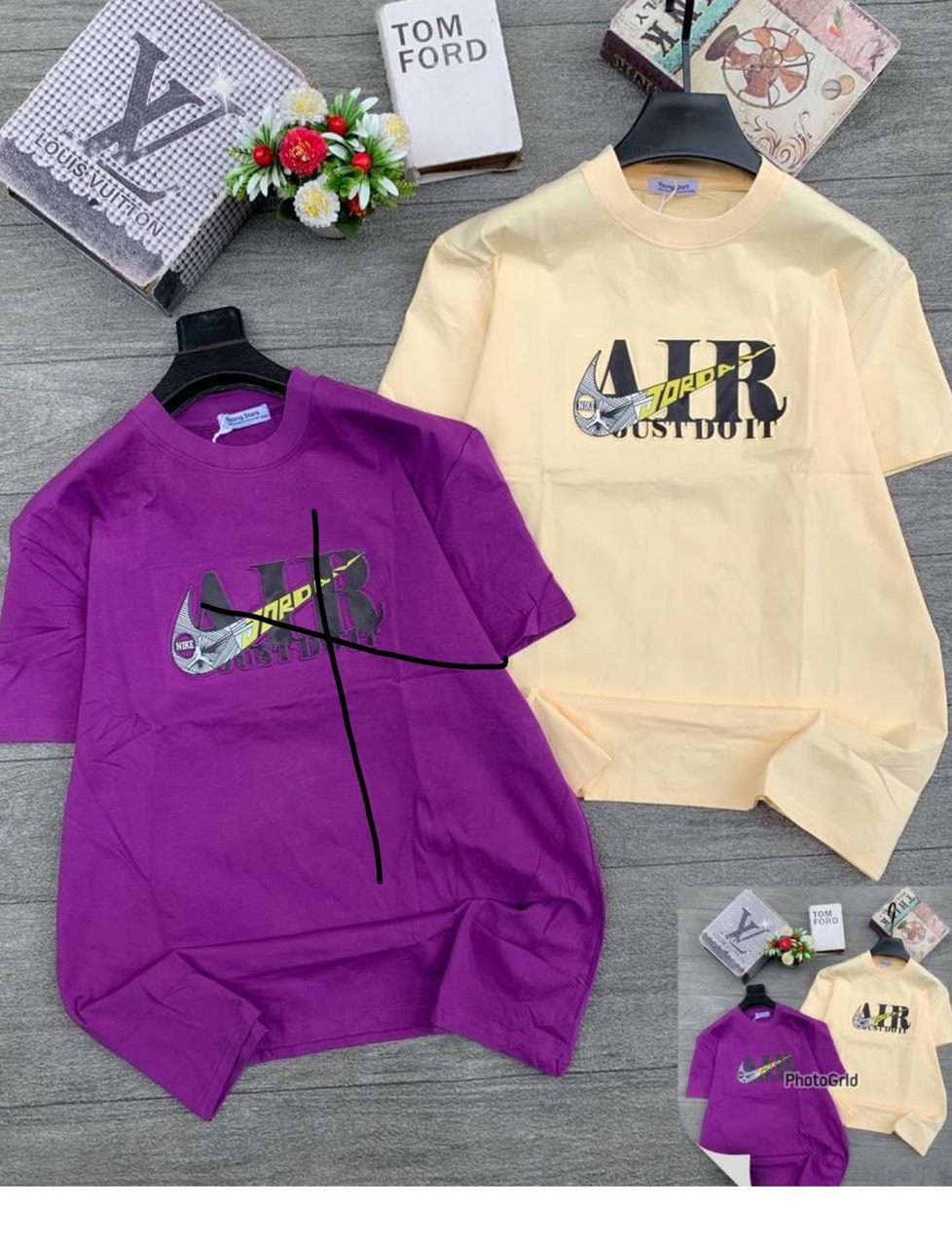 Purple and yellow Air Jordan graphic round neck t-shirts.