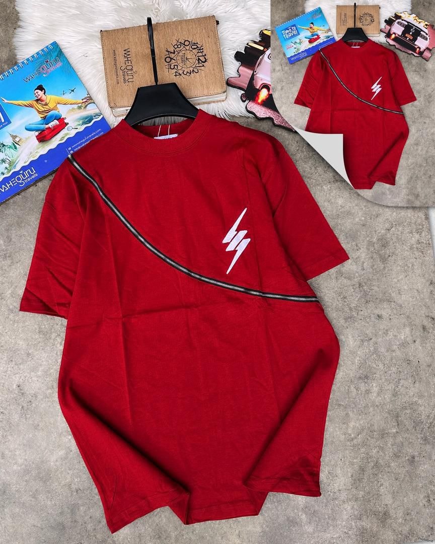 Red round neck t-shirt with diagonal zipper and lightning bolt graphic.