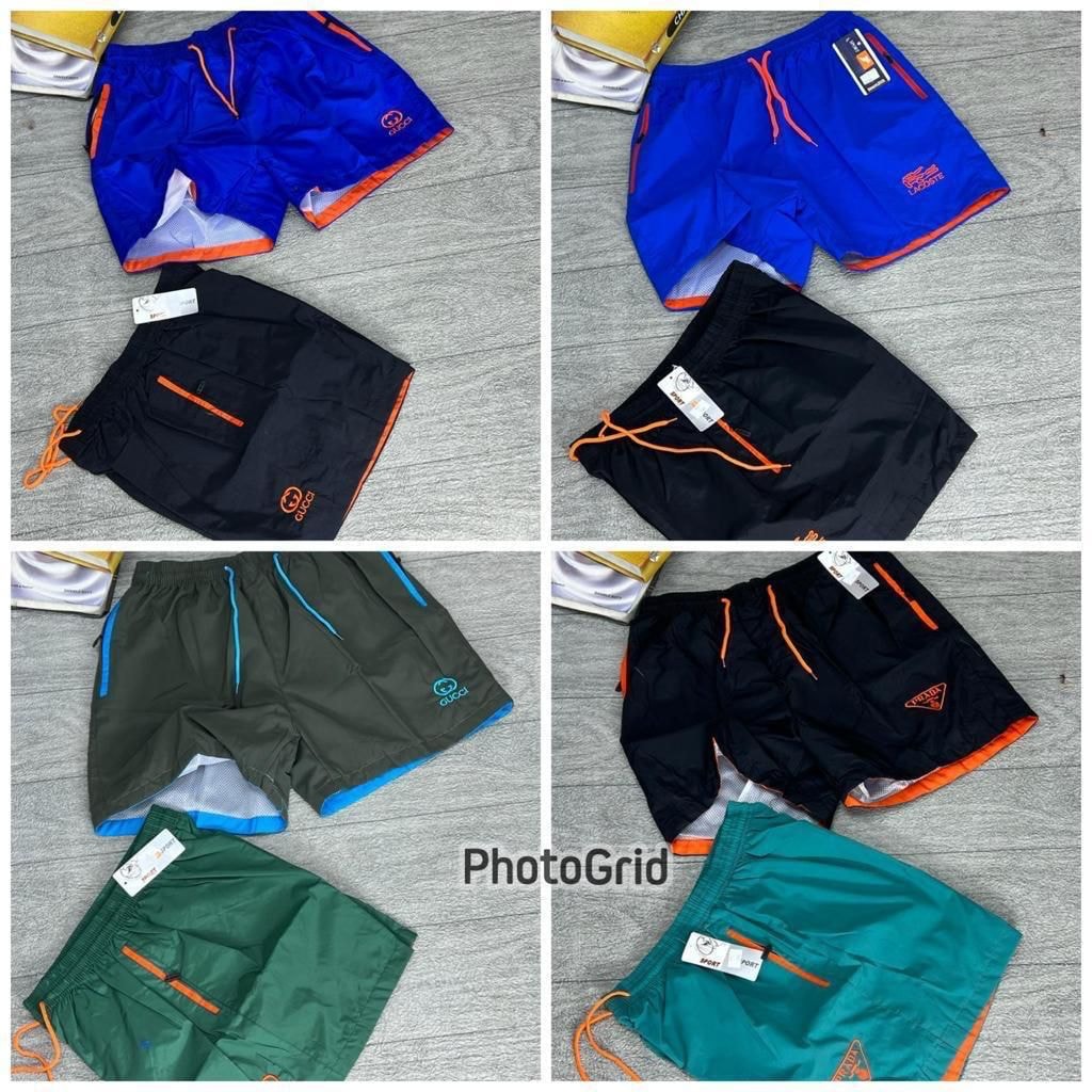 Collage of unisex shorts in multiple colors including blue, black, olive, green and teal with orange accents.