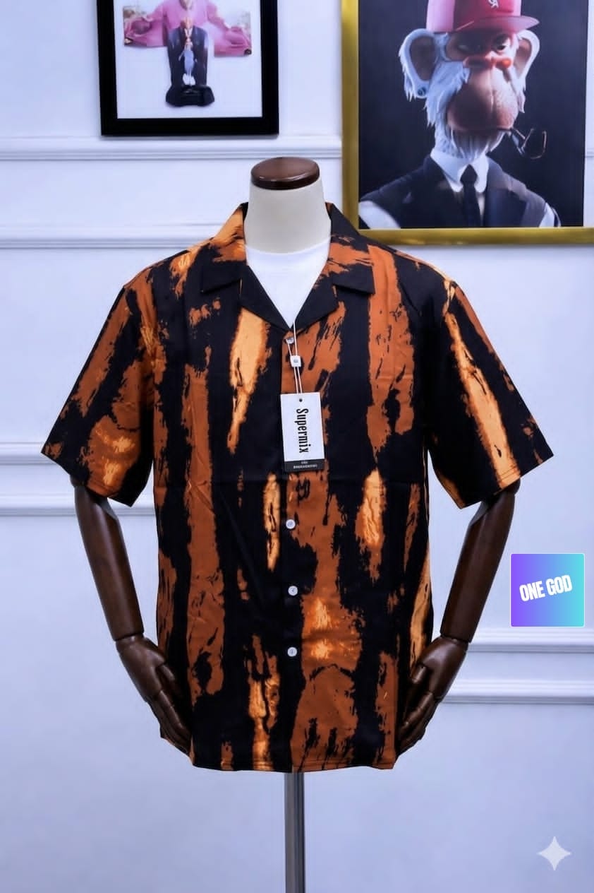 Orange and black patterned shirt displayed on mannequin.
