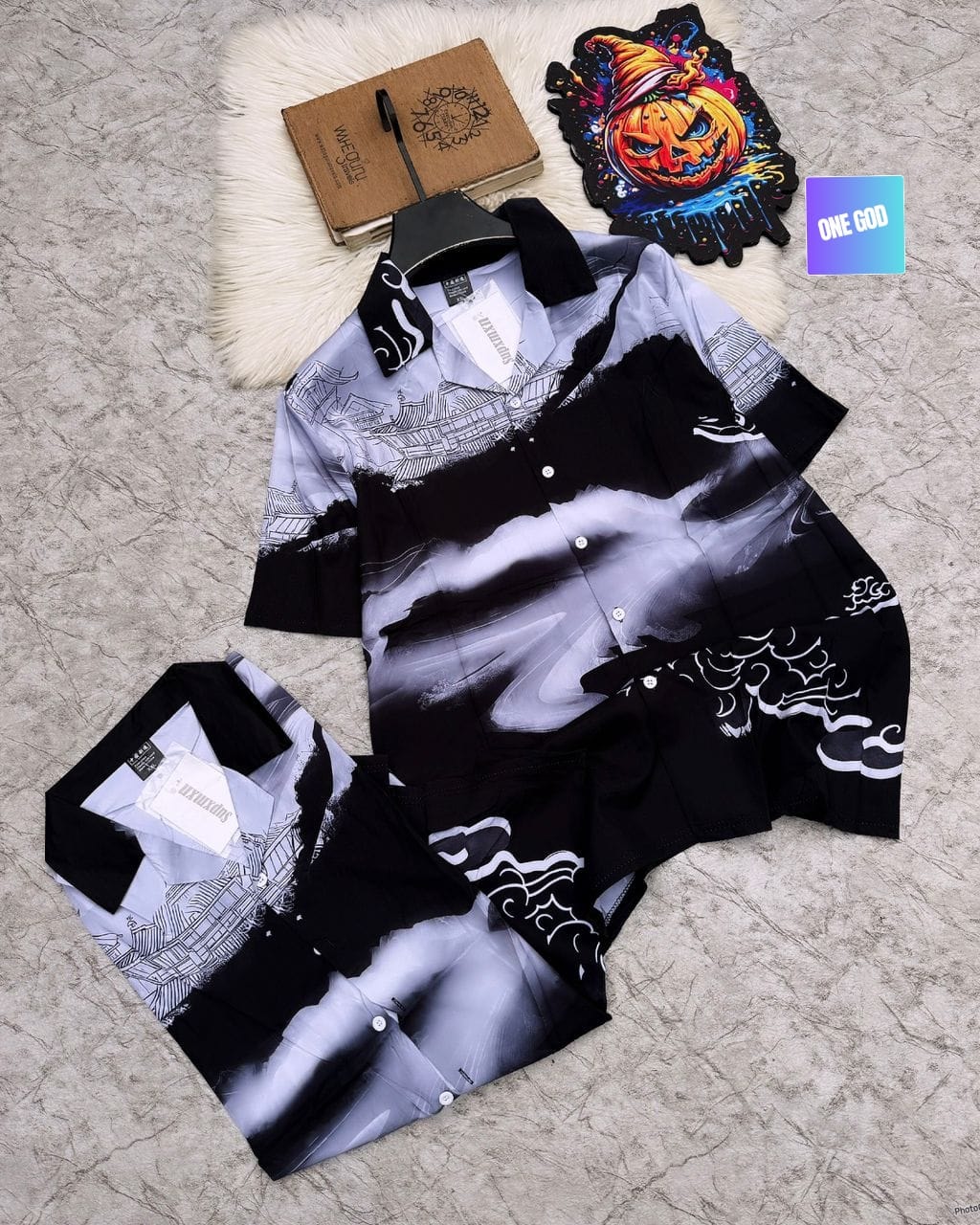 Black, white and grey Japanese pagoda and wave print shirt with matching shorts.
