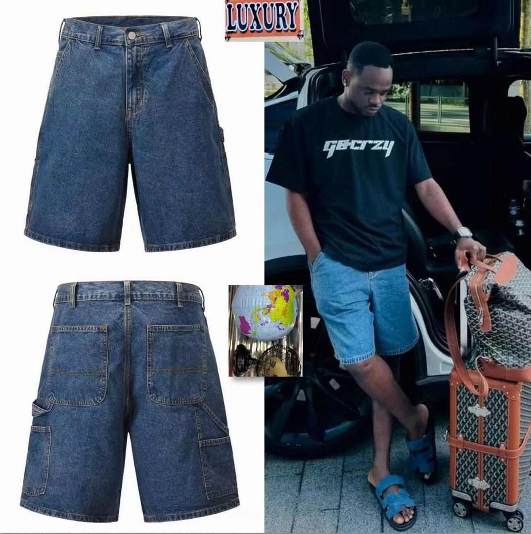 Blue denim cargo shorts shown in flat lay front and back views plus model wearing pair.