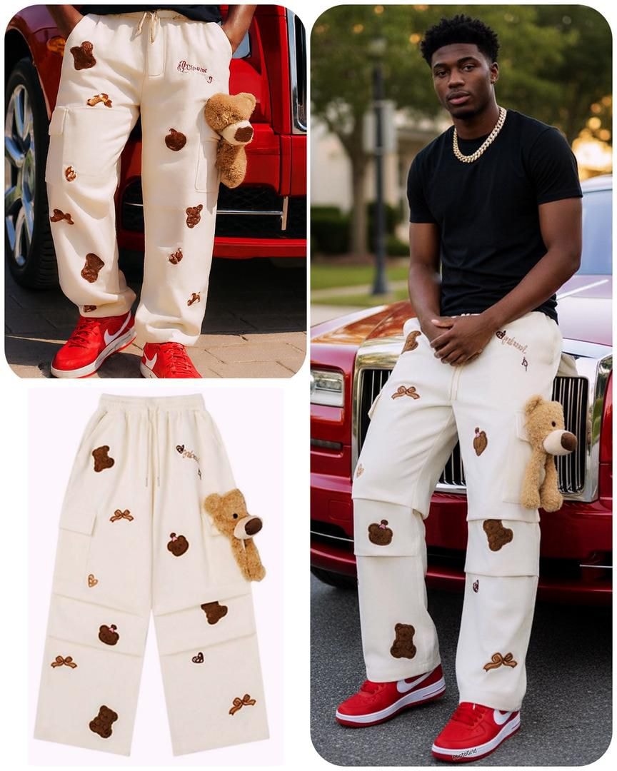 Cream teddy bear embroidered cargo joggers shown in lifestyle, flat lay and detail views with plush teddy accessory.