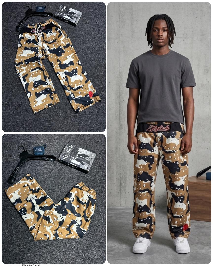 Tan camo joggers displayed on model with accompanying flat lay shots.