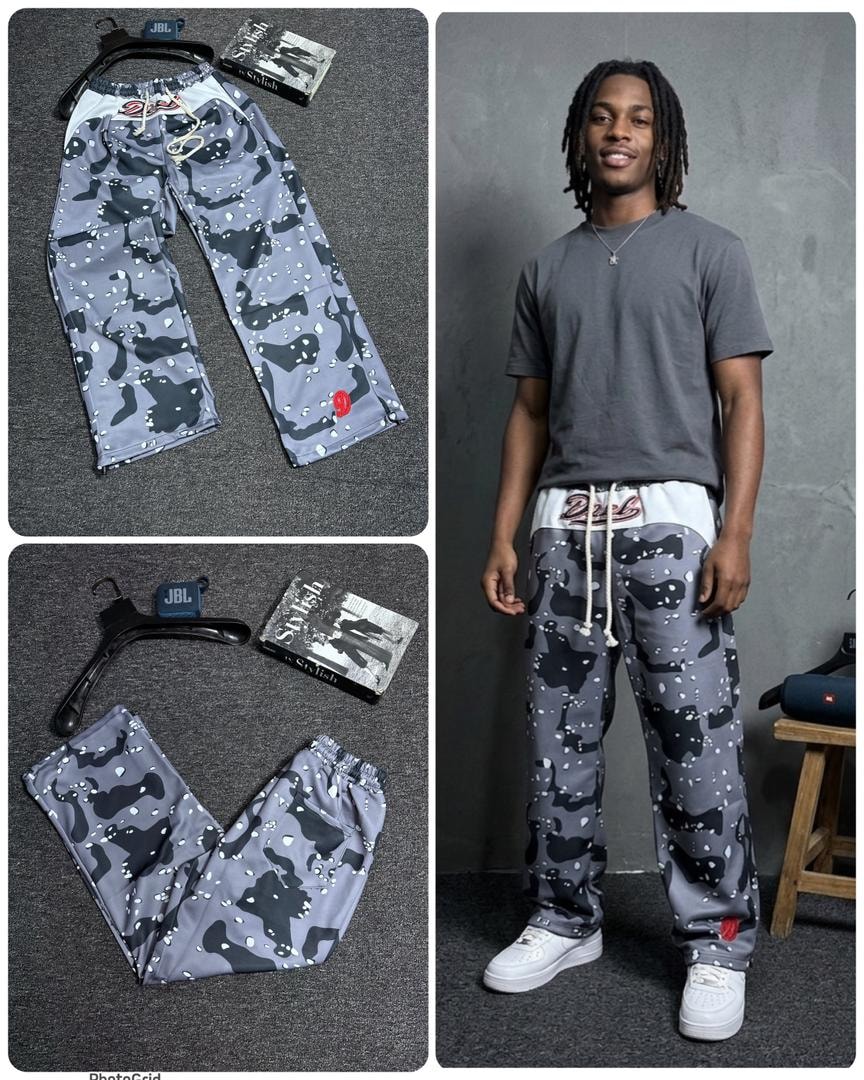Gray camo joggers shown on model and in multiple flat lay views.