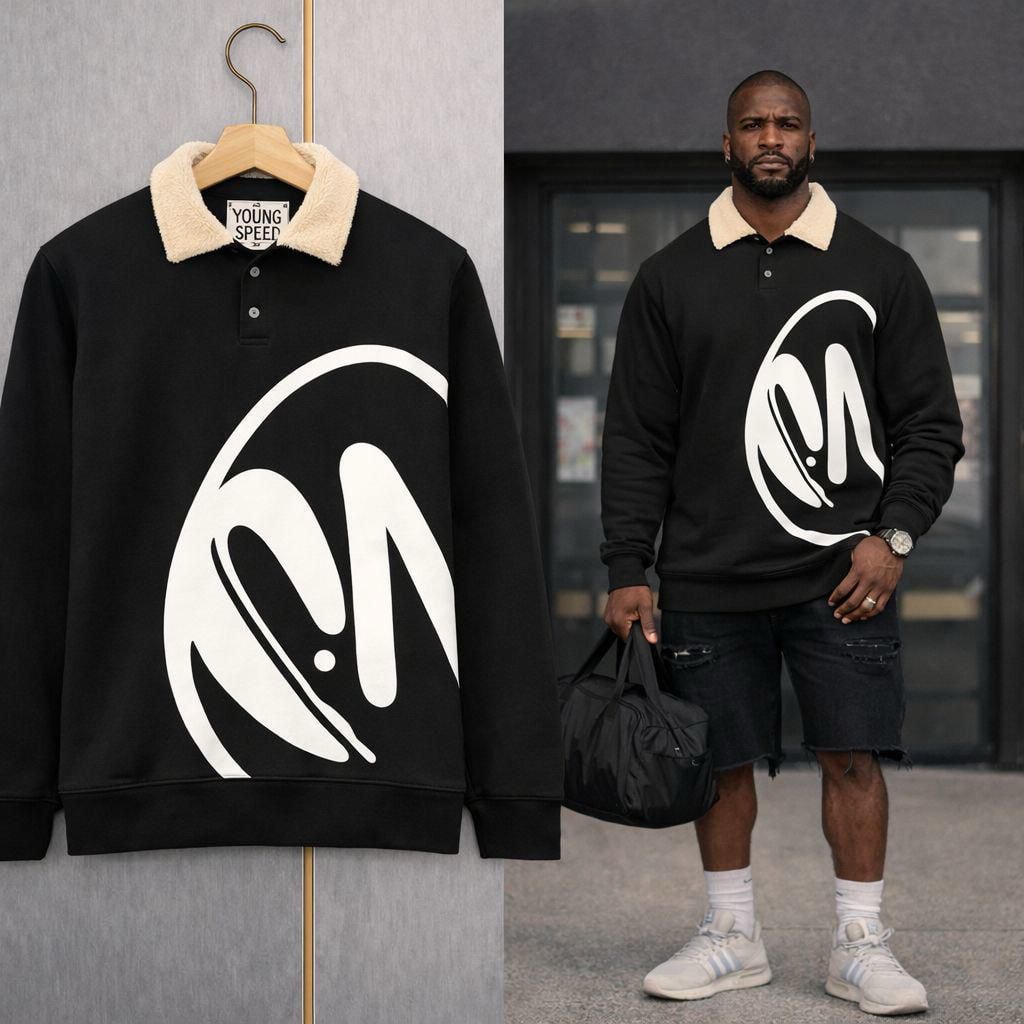 Black polo sweatshirt with white abstract graphic on hanger and model.